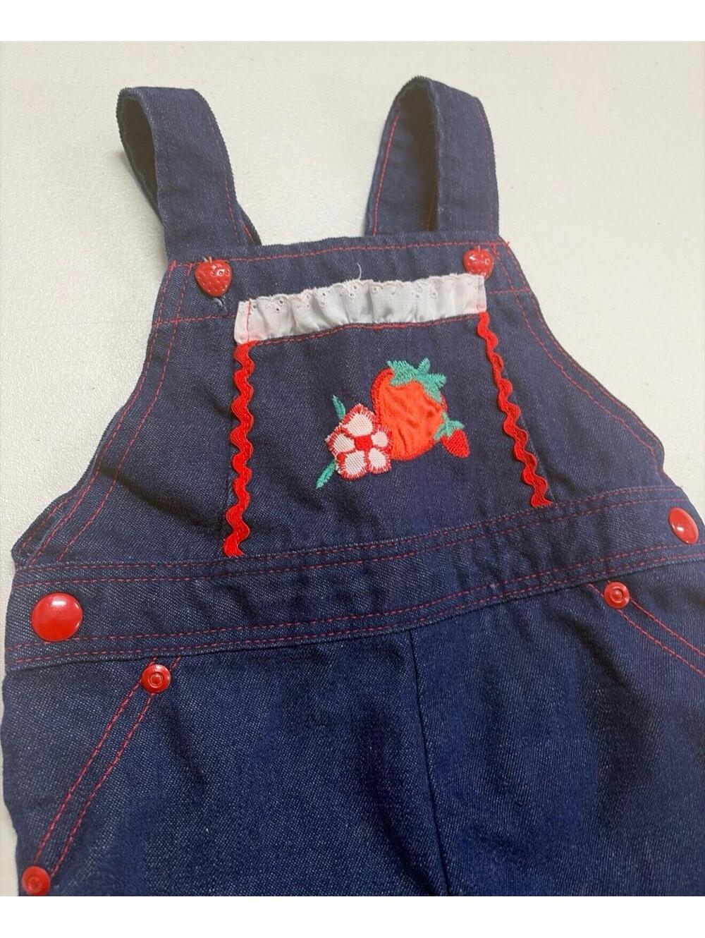 Vintage 70s Health-tex Denim Overalls 24 Months Baby Girl Strawberry Embroidery